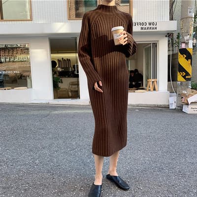 リブ編みあったかロングニットワンピース