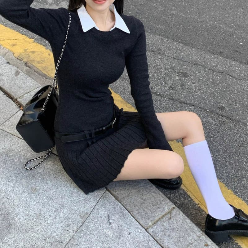 ニットワンピース 襟付きニットプリーツワンピース