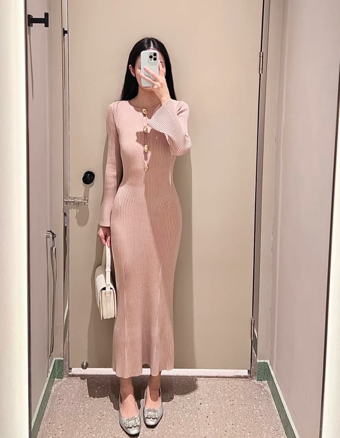 ニットワンピース ノーブルリブニットロングワンピース