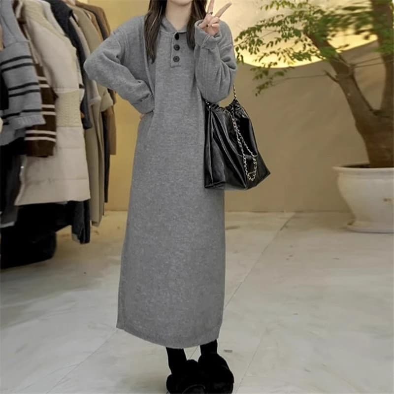 ゆったりヘンリーネックニットワンピース