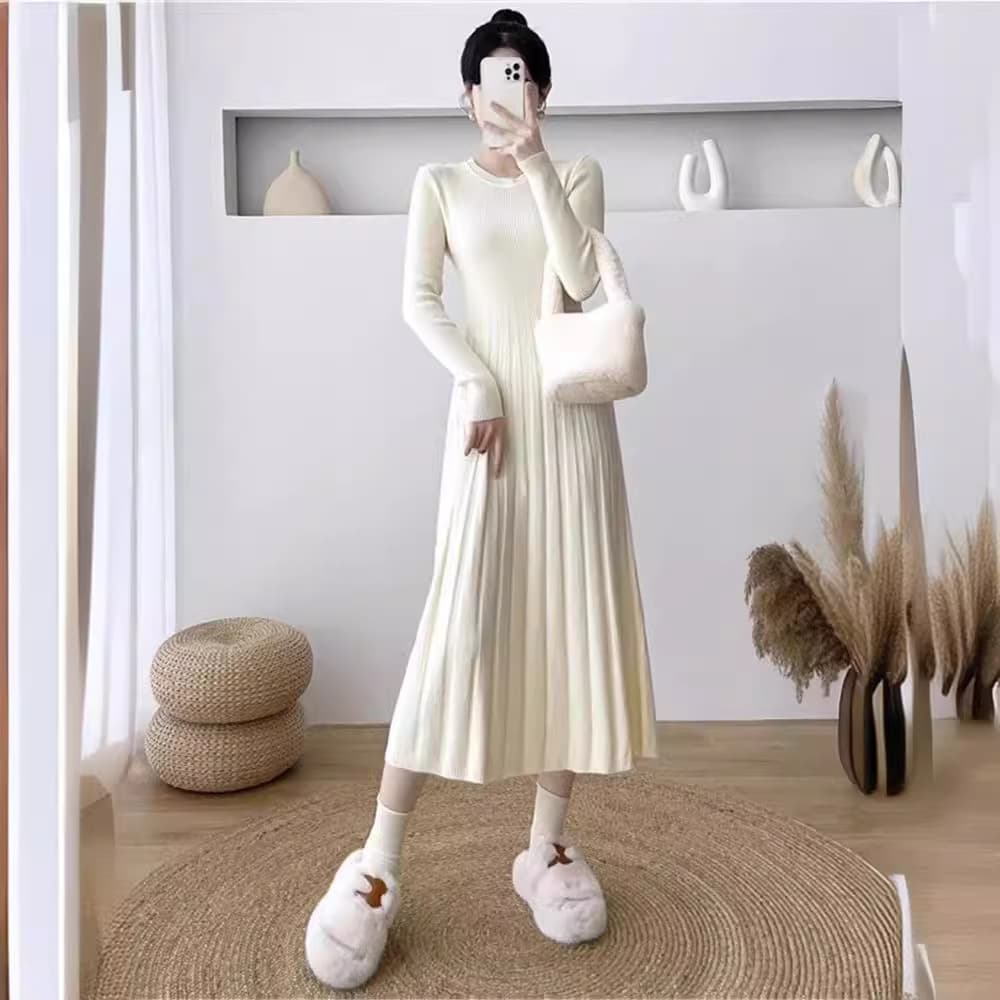 リブ編みプリーツニットワンピース