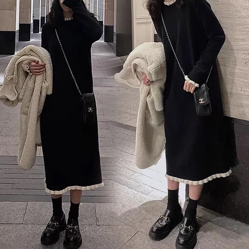 裾フリル付きニットワンピース
